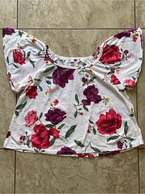 Old Navy White Short Sleeve Tee with Pink & Purple Floral Print
